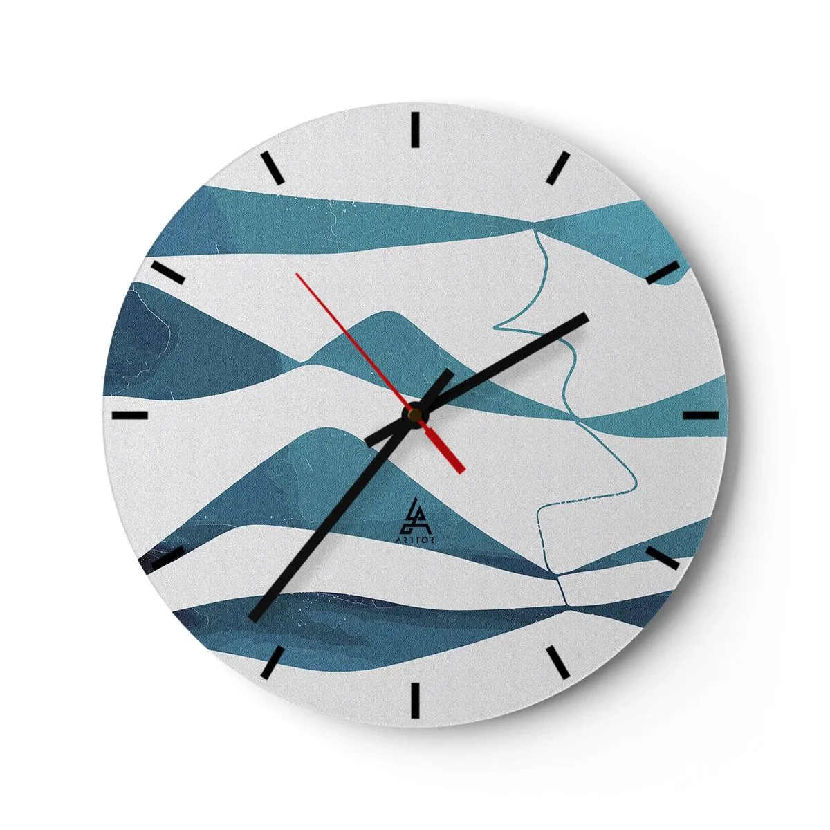 Wandklok - Klok - Abstracte golven en lijnen op een witte achtergrond in tinten turquoise - 30x30cm - Abstractie: turquoise verbinding - Moderne wanddecoratie voor woonkamer, keuken en slaapkamer ARTTOR