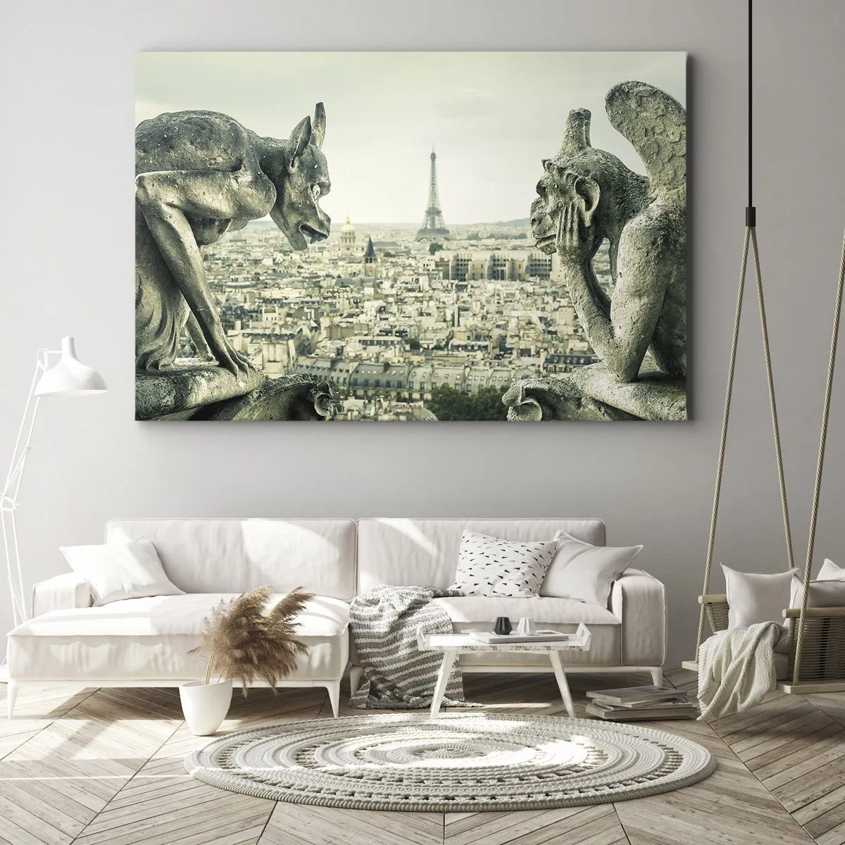 Schilderen op canvas - Waterspuwers met uitzicht op de skyline van Parijs en de Eiffeltoren - 70x50cm - Parijs' babbelen - Moderne wanddecoratie voor woonkamer en slaapkamer ARTTOR