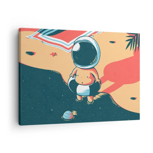 Schilderen op canvas - Grappige astronaut op het strand met ruimte-elementen op de achtergrond - 70x50cm - Vanuit een ander perspectief - Moderne wanddecoratie voor woonkamer en slaapkamer ARTTOR