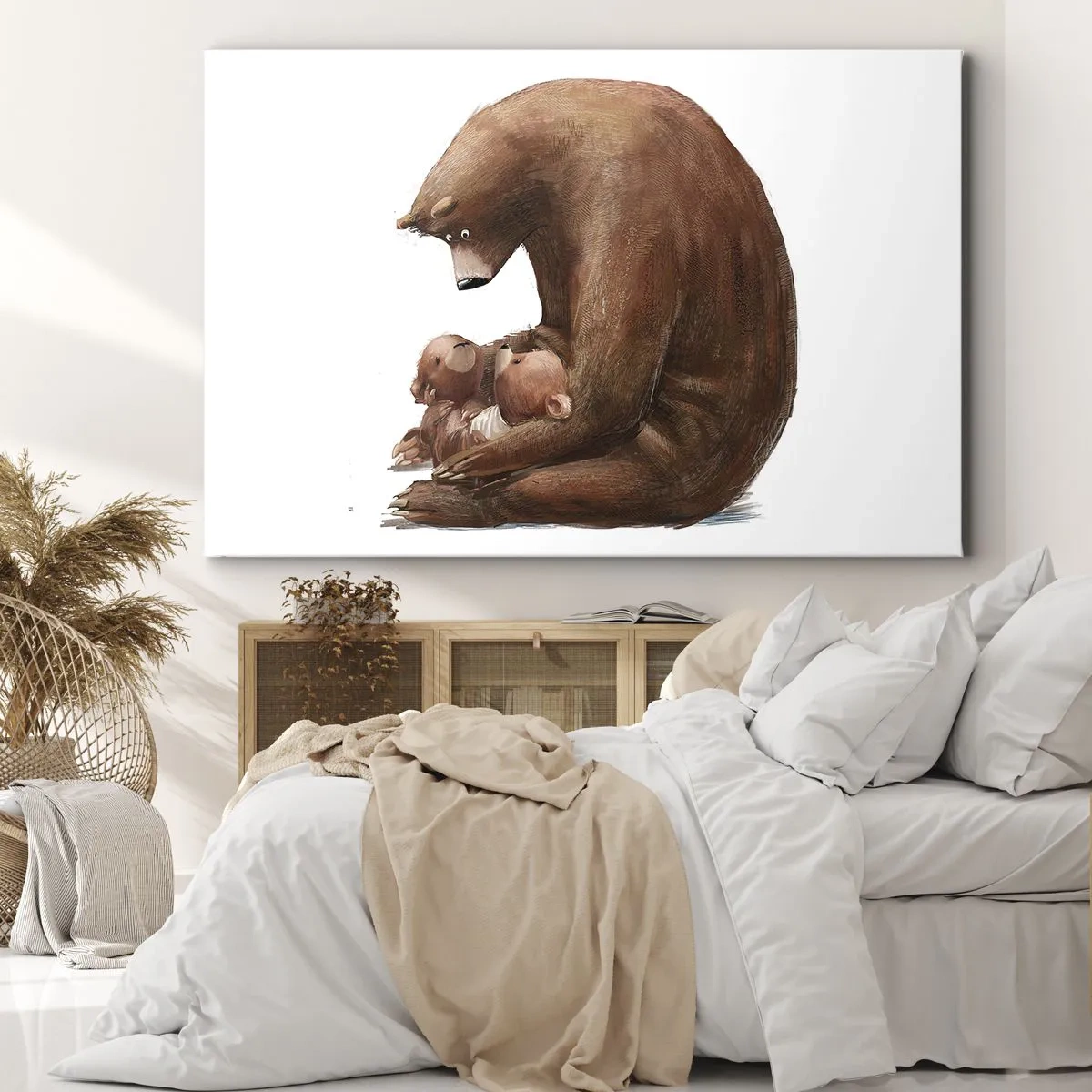Schilderen op canvas - Een moederbeer met twee kleine beertjes in haar armen - 70x50cm - Zoete dromen, kinderen - Moderne wanddecoratie voor woonkamer en slaapkamer ARTTOR