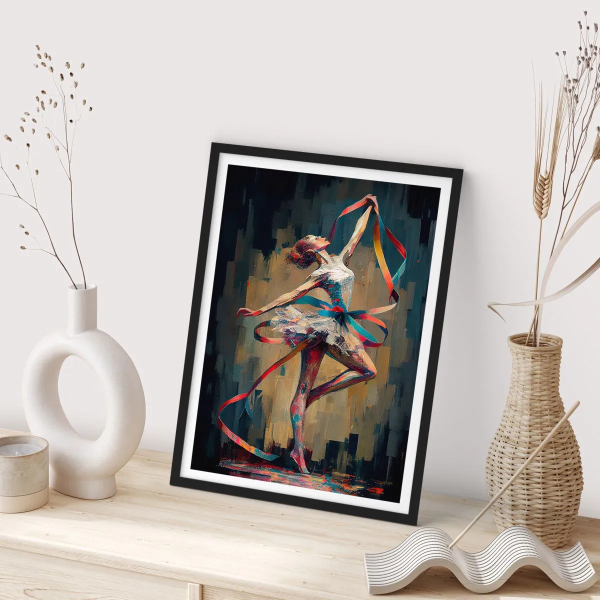 Poster in een zwarte lijst - Een danseres in een dynamische pose met kleurrijke linten. - 50x70cm - Lintendans - Moderne wanddecoratie voor woonkamer en slaapkamer ARTTOR