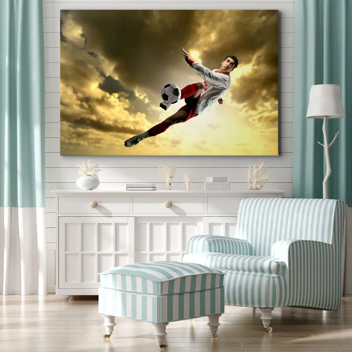 Schilderen op canvas - Een voetballer in een dynamische sprong die de bal tegen de lucht schiet - 70x50cm - Voetbal hemel - Moderne wanddecoratie voor woonkamer en slaapkamer ARTTOR