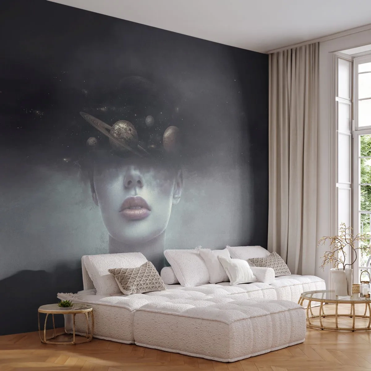 Zelfklevend Fotobehang Deluxe Sticker - En de planeten worden gek... - Abstractie, Het gezicht van de vrouw, Kosmos - 250x175 cm