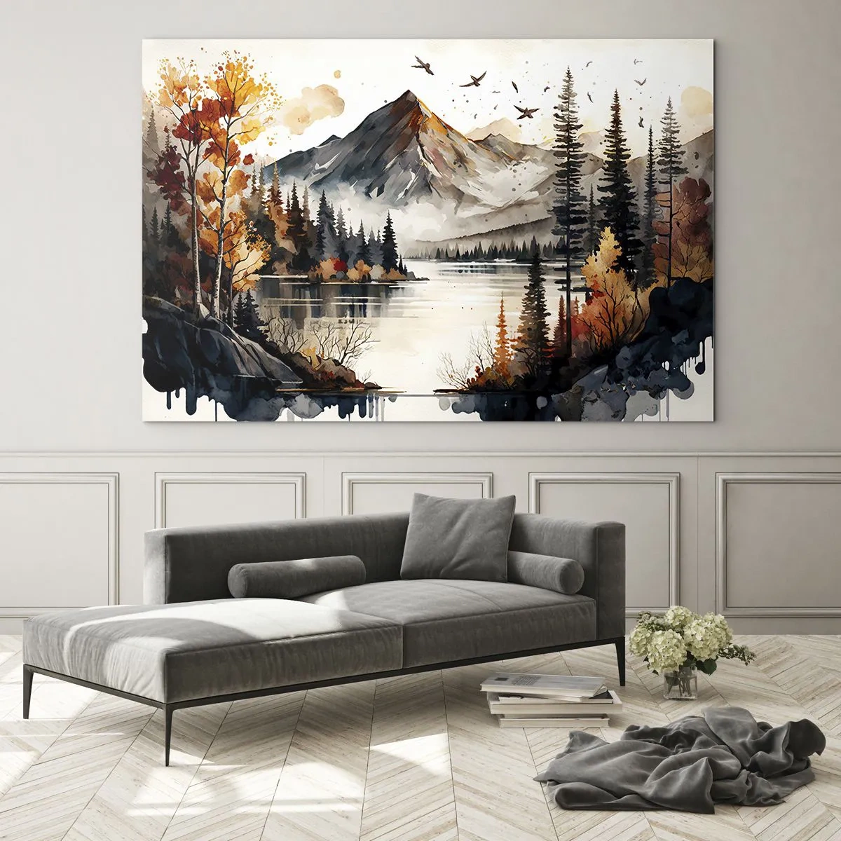 Schilderen op glas - Herfstberglandschap met een meer en bos - 70x50cm - Gouden herfst in de bergen - Moderne wanddecoratie voor woonkamer en slaapkamer ARTTOR