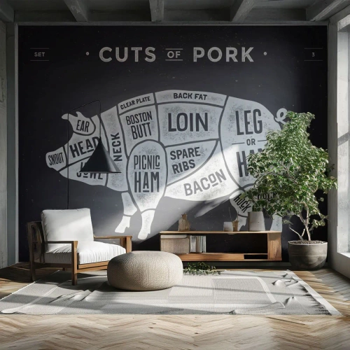Fotobehang Premium Canvas - Slagers ABC - Gastronomie, Dierlijk varken, Varkensvlees - 450x315 cm