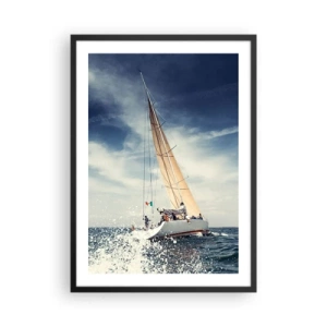 Poster in een zwarte lijst - Een zeilboot op volle zee onder een blauwe lucht - 50x70cm - Ze halen ons niet in! - Moderne wanddecoratie voor woonkamer en slaapkamer ARTTOR