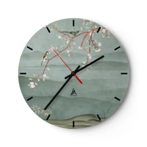 Wandklok - Klok - Een tak met bloemen en vogels tegen een achtergrond van groene heuvels - 30x30cm - Lente, oh jij bent het - Moderne wanddecoratie voor woonkamer, keuken en slaapkamer ARTTOR