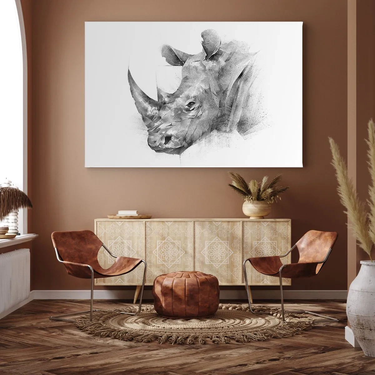 Schilderen op canvas - Artistiek portret van een neushoorn in zwart-wit - 70x50cm - Afrikaans portret - Moderne wanddecoratie voor woonkamer en slaapkamer ARTTOR