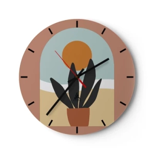 Wandklok - Klok - Een minimalistische potplant tegen de achtergrond van de zon - 30x30cm - Kleine geneugten - Moderne wanddecoratie voor woonkamer, keuken en slaapkamer ARTTOR