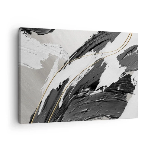 Schilderen op canvas - Zwart-witte verfstreken met een subtiel goudaccent - 70x50cm - Abstractie op grote schaal - Moderne wanddecoratie voor woonkamer en slaapkamer ARTTOR