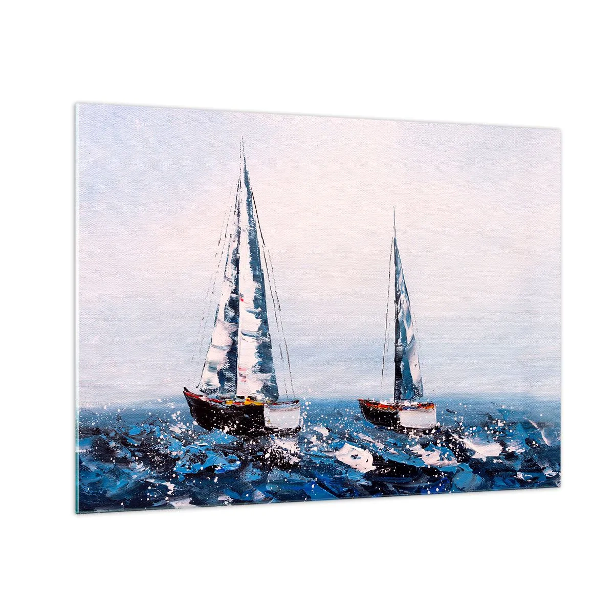Schilderen op glas - Twee jachten op een stormachtige zee, in impressionistische schilderstijl. - 70x50cm - Broederschap van de wind - Moderne wanddecoratie voor woonkamer en slaapkamer ARTTOR
