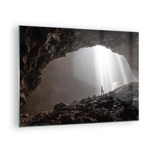 Schilderen op glas - Een figuur in een grot verlicht door lichtstralen, omgeven door donkere rotsen - 70x50cm - De lichtgevende grot - Moderne wanddecoratie voor woonkamer en slaapkamer ARTTOR