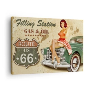 Schilderen op canvas - Retro Route 66-poster met pin-upgirl en auto - 70x50cm - De grote jaren 40. - Moderne wanddecoratie voor woonkamer en slaapkamer ARTTOR