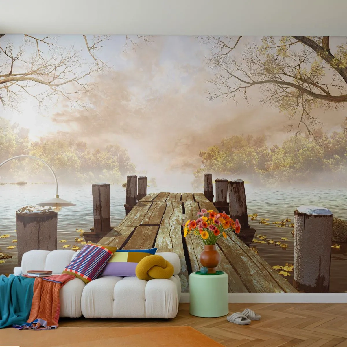 Fotobehang Standard Eco - Het milde verdriet van de herfst - Landschap, Meer, Houten brug - 400x280 cm