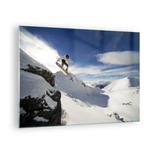 Schilderen op glas - Een snowboarder springt in de winter van een klif in de bergen - 70x50cm - Vrijheid zonder grenzen - Moderne wanddecoratie voor woonkamer en slaapkamer ARTTOR