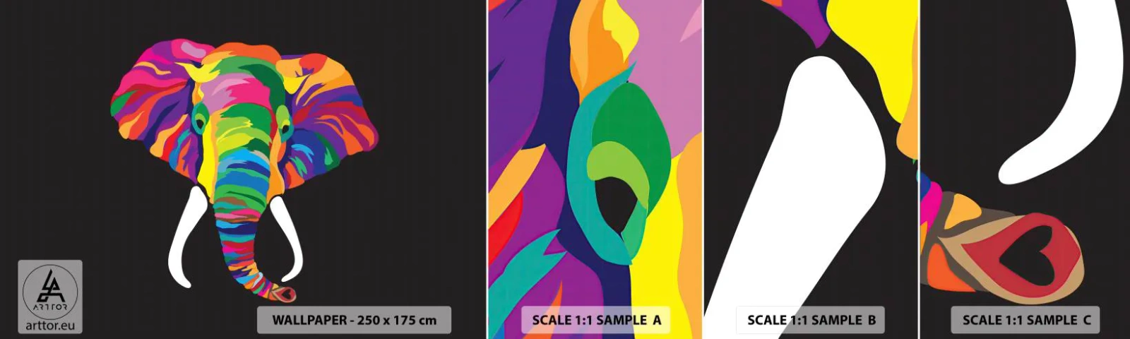 Fotobehang Staaltje Standard Eco - De olifant die ervan hield om in de regenboog te baden - Dieren, Olifant, Kleurrijk beeld - 100x30 cm