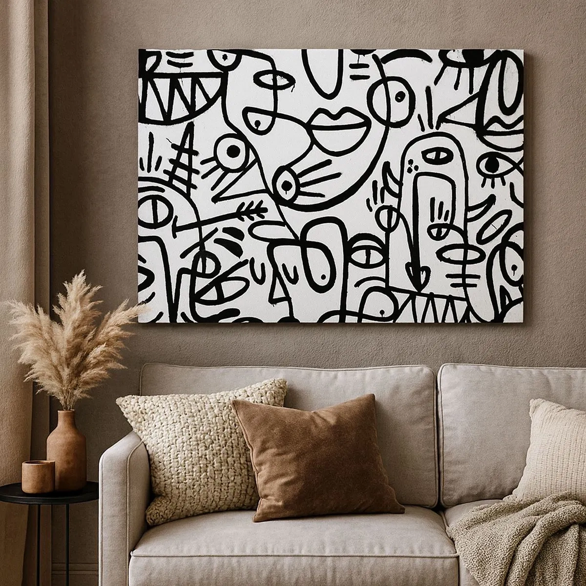 Schilderen op canvas - Zwart-wit abstracte tekeningen met gezichtsmotieven - 70x50cm - Gezichten en luchtspiegelingen - Moderne wanddecoratie voor woonkamer en slaapkamer ARTTOR