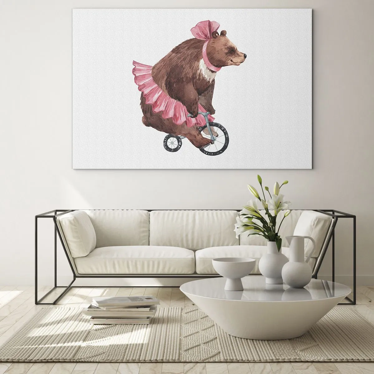 Schilderen op glas - Een beer in een roze rok op een eenwieler - 70x50cm - Wat een circus! - Moderne wanddecoratie voor woonkamer en slaapkamer ARTTOR