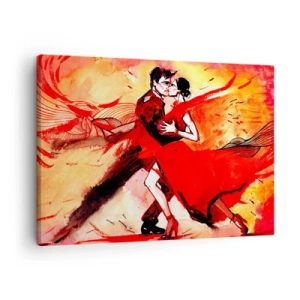 Schilderen op canvas - Een koppel danst tango in rode tinten tegen een dynamische achtergrond. - 70x50cm - Het paarse ritme van passie - Moderne wanddecoratie voor woonkamer en slaapkamer ARTTOR