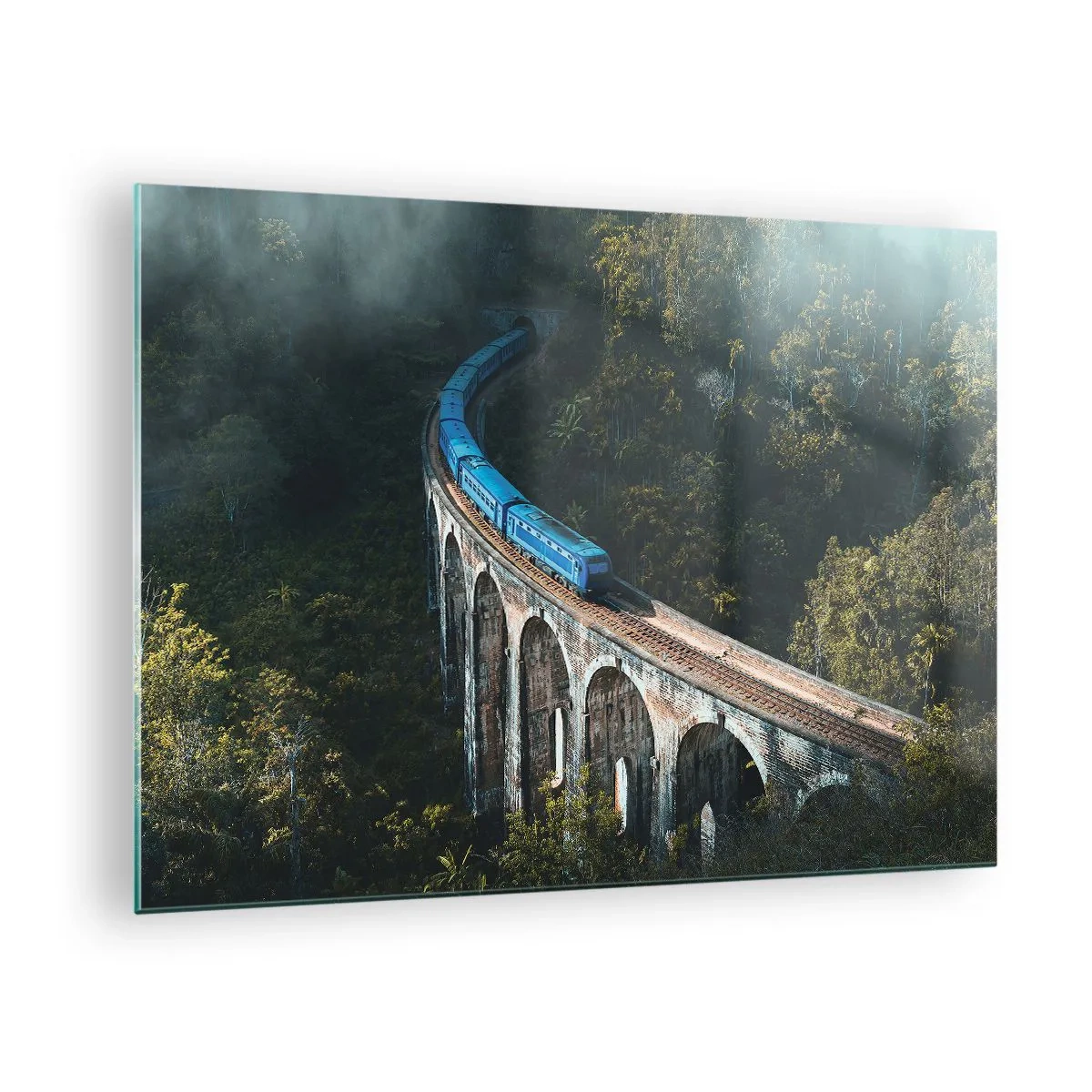 Schilderen op glas - Een blauwe trein rijdt over een stenen viaduct in het bos - 70x50cm - Neiging tot natuur - Moderne wanddecoratie voor woonkamer en slaapkamer ARTTOR