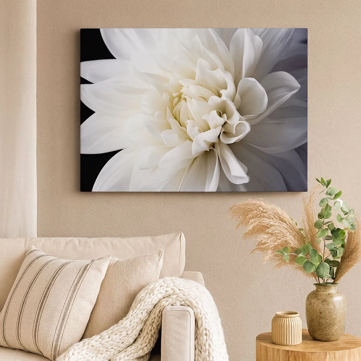 Schilderen op canvas - Een delicate witte bloem op een zwarte achtergrond in een elegante compositie - 70x50cm - Ochtend van de bruid - Moderne wanddecoratie voor woonkamer en slaapkamer ARTTOR