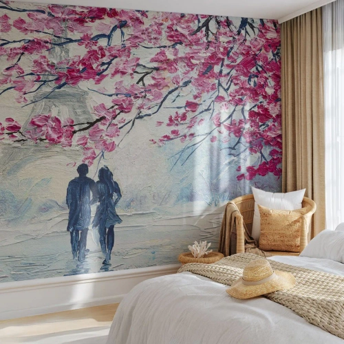 Fotobehang Standard Eco - Een romantische wandeling - Parijs, Eiffeltoren, Verliefd stel - 350x256 cm