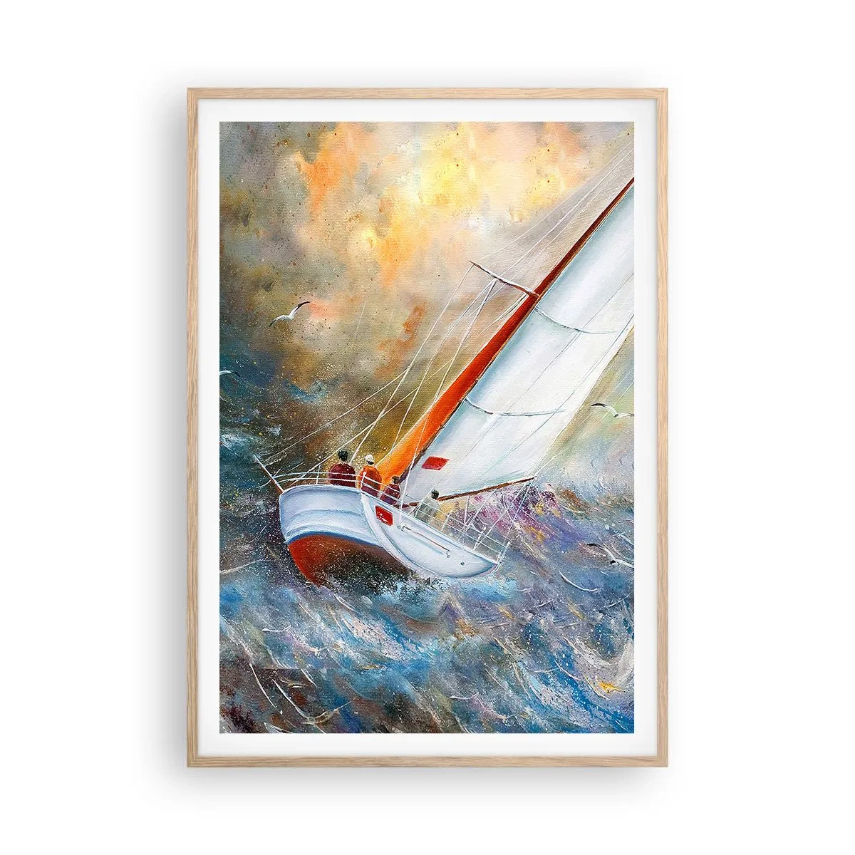 Een poster in een licht eiken lijst - Lopend op de golven  - 70x100 cm