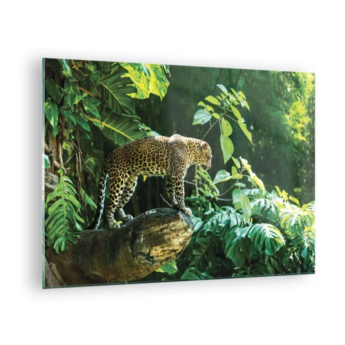 Schilderen op glas - Luipaard op een rots in de tropische jungle - 70x50cm - Op jacht? - Moderne wanddecoratie voor woonkamer en slaapkamer ARTTOR