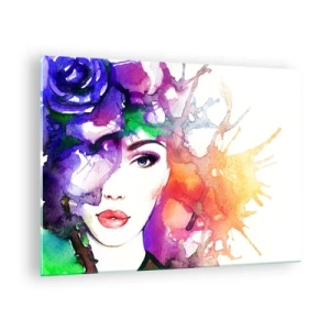 Schilderen op glas - Een vrouw met een vage, kleurrijke achtergrond in aquarelstijl - 70x50cm - Met hoofd in de wolken - Moderne wanddecoratie voor woonkamer en slaapkamer ARTTOR