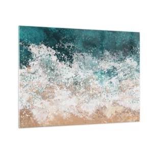 Schilderen op glas - Abstracte zeegolf in tinten turquoise, wit en zandbeige - 70x50cm - Zeeverhalen - Moderne wanddecoratie voor woonkamer en slaapkamer ARTTOR