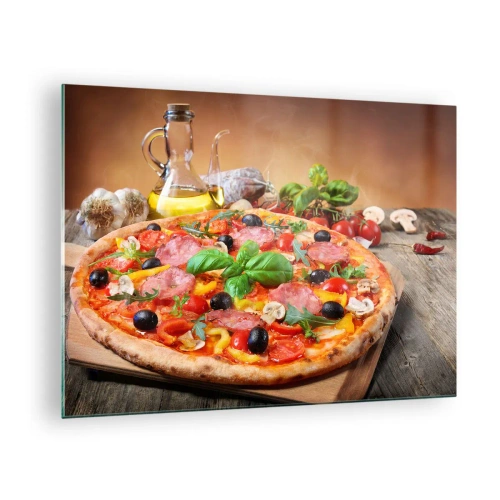 Schilderen op glas - Pizza met toppings op een houten tafel met olijfolie en kruiden - 70x50cm - Met echte Italiaanse smaak - Moderne wanddecoratie voor woonkamer en slaapkamer ARTTOR