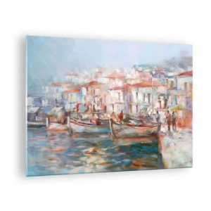 Schilderen op glas - Een pittoreske haven met boten in pastelkleuren - 70x50cm - Pastel vakantie - Moderne wanddecoratie voor woonkamer en slaapkamer ARTTOR