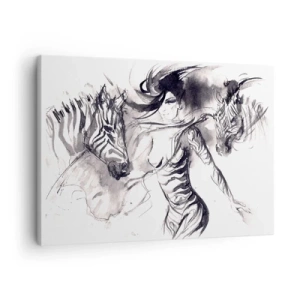Schilderen op canvas - Een vrouw in een dynamische dans met zebra's in een zwart-witte esthetiek - 70x50cm - Dansend met de zebra's - Moderne wanddecoratie voor woonkamer en slaapkamer ARTTOR