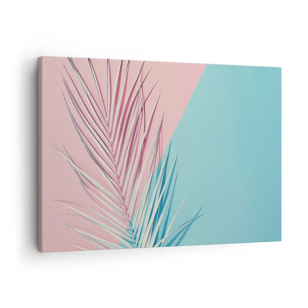 Schilderen op canvas - Tropisch blad tegen een achtergrond van pasteltinten roze en blauw - 70x50cm - Tropische impressie - Moderne wanddecoratie voor woonkamer en slaapkamer ARTTOR