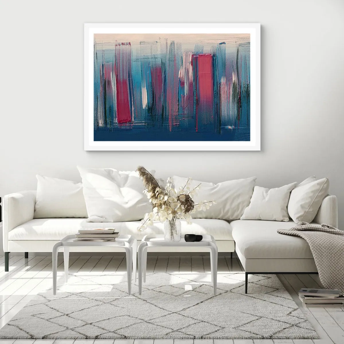 Poster in een witte lijst - Verticale compositie in blauw en rood - 70x50 cm