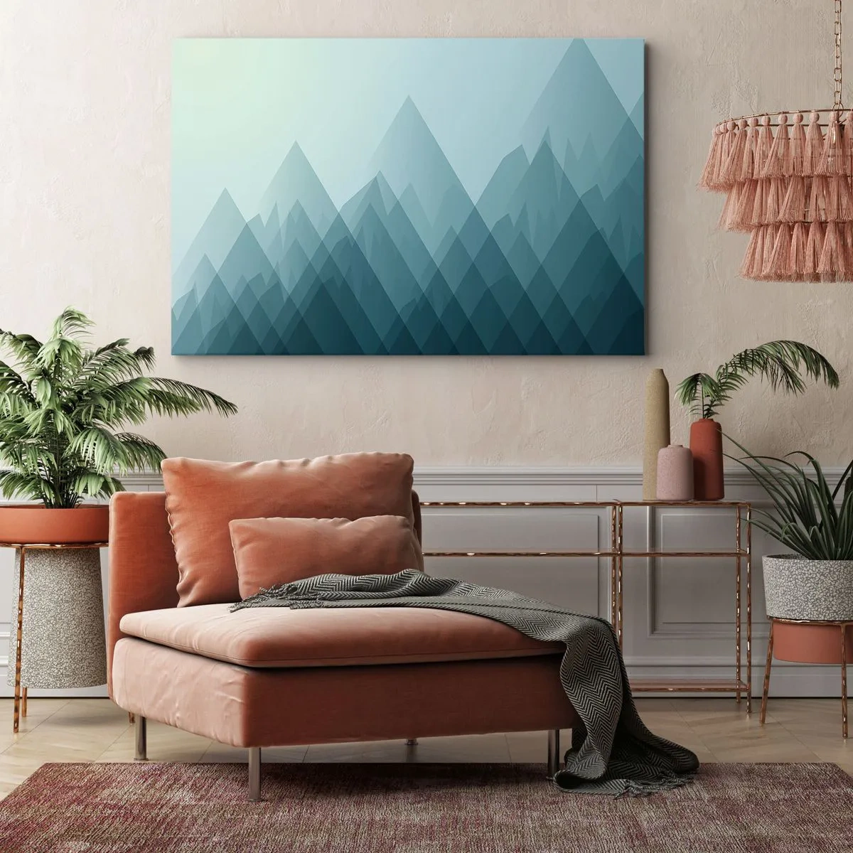 Schilderen op canvas - Minimalistische berggraphics in blauwtinten - 70x50cm - Groot, groter, grootst - Moderne wanddecoratie voor woonkamer en slaapkamer ARTTOR