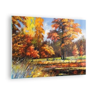 Schilderen op glas - Herfstlandschap met bomen en weerspiegeling in het water - 70x50cm - Landschap in goud en brons - Moderne wanddecoratie voor woonkamer en slaapkamer ARTTOR