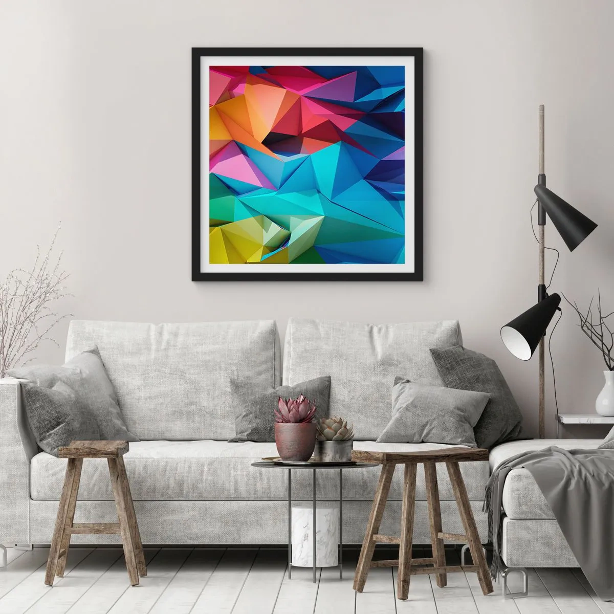 Poster in een zwarte lijst - Regenboog origami - 60x60 cm