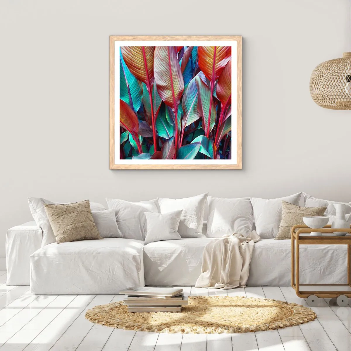 Een poster in een licht eiken lijst - Een kleurrijk struikgewas - 50x50 cm