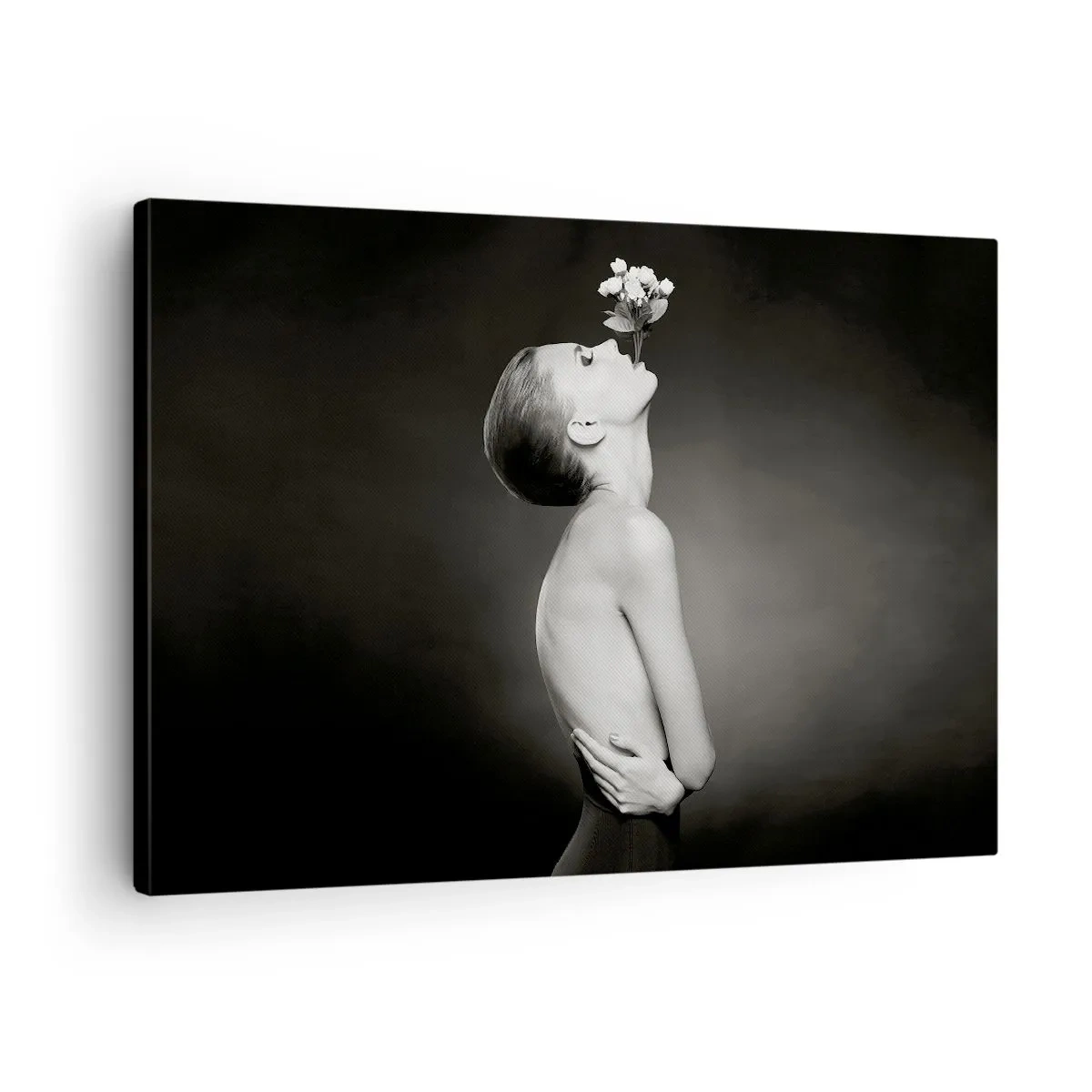 Schilderen op canvas - Zwart-wit silhouet van een vrouw met een bloem - 70x50cm - Excentrieke elegantie - Moderne wanddecoratie voor woonkamer en slaapkamer ARTTOR
