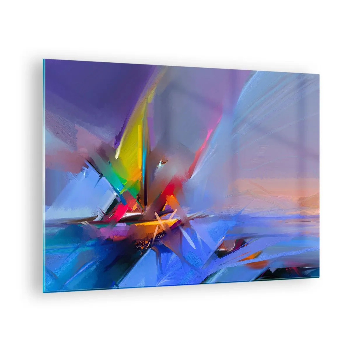 Schilderen op glas - Abstracte propellers in levendige kleuren tegen een pastelkleurige lucht - 70x50cm - Propellers als een vogel - Moderne wanddecoratie voor woonkamer en slaapkamer ARTTOR