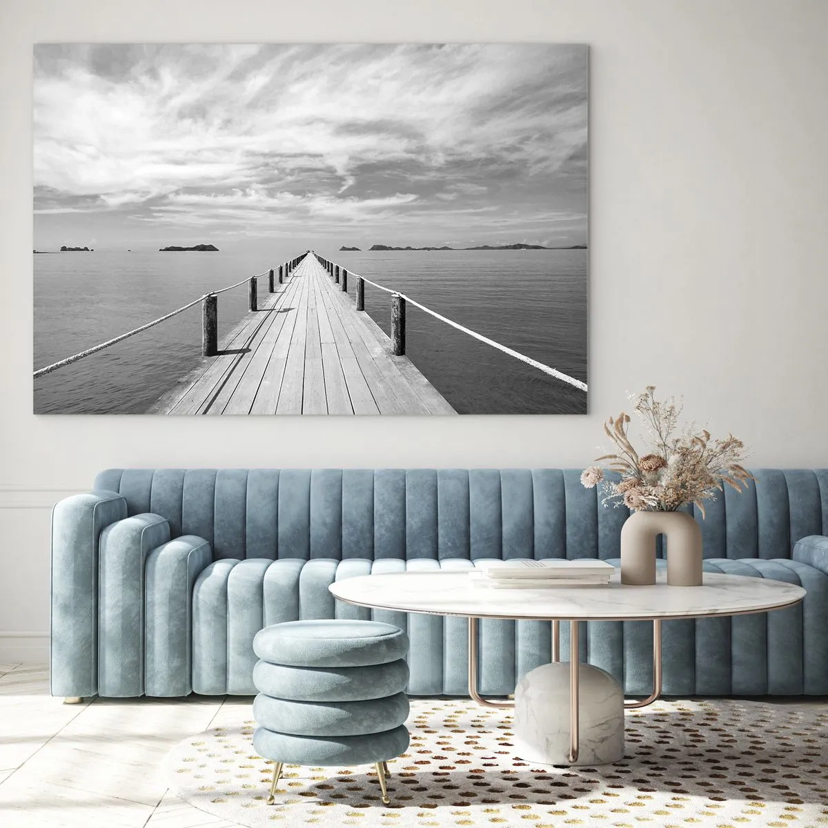 Schilderen op glas - Een houten pier die in de verte over een kalme zee leidt - 70x50cm - Of misschien een reis... - Moderne wanddecoratie voor woonkamer en slaapkamer ARTTOR