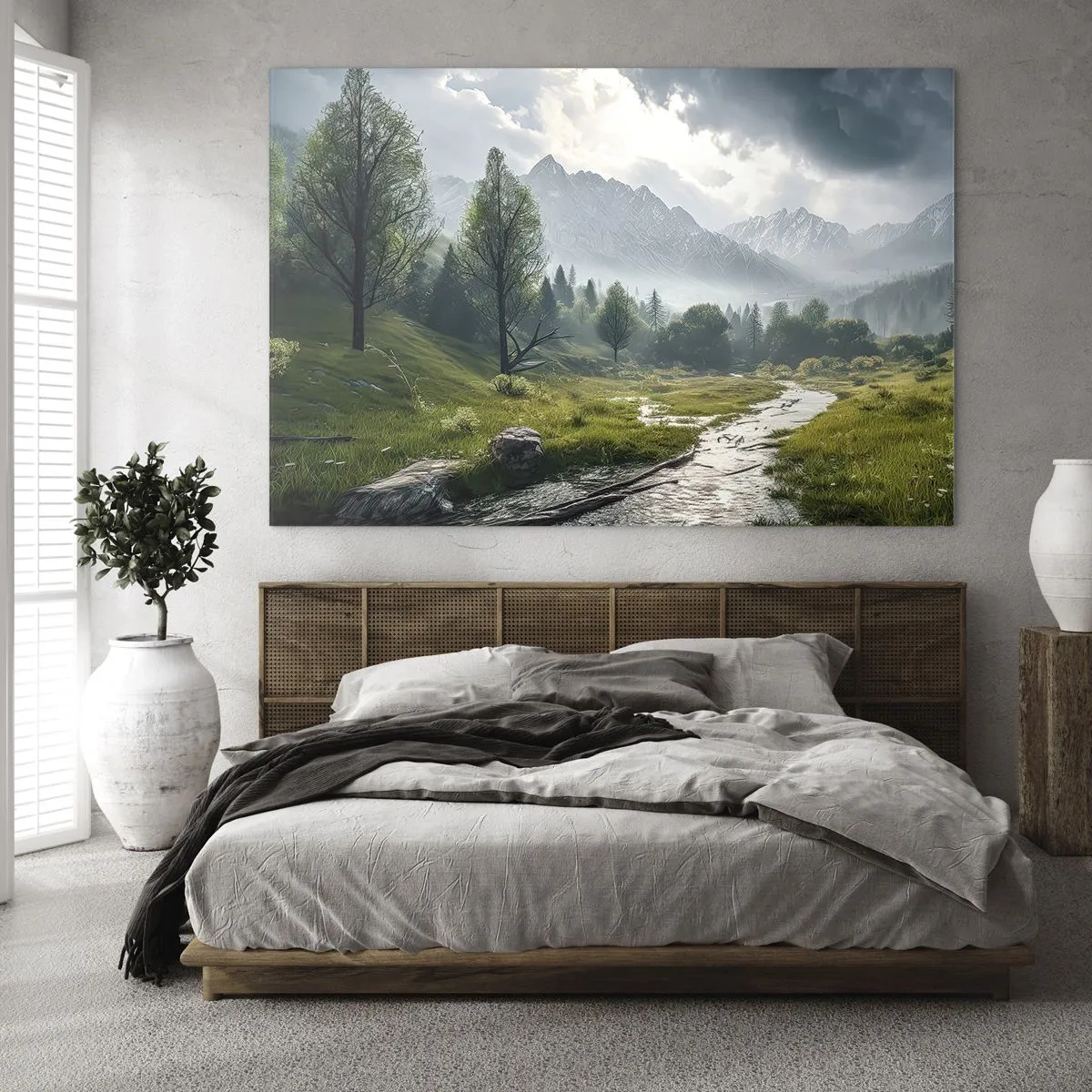 Schilderen op glas - Een berglandschap met een beek en een groene vallei in de ochtend - 70x50cm - Daarheen en terug - Moderne wanddecoratie voor woonkamer en slaapkamer ARTTOR