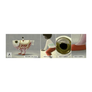 Fotobehang Monster Zelfklevend Deluxe Sticker - Ruiter op een surrealistische vis - Abstractie, Vis, Voor kinderen - 100x30 cm