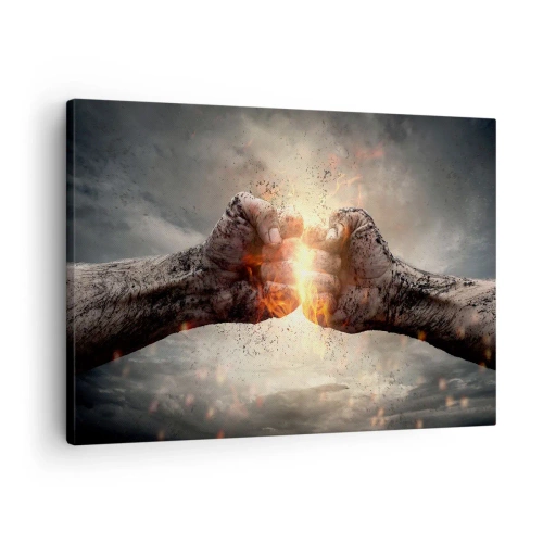 Schilderen op canvas - Gebalde vuisten in een dynamische vuurscène - 70x50cm - Sta op voor een gevecht - Moderne wanddecoratie voor woonkamer en slaapkamer ARTTOR