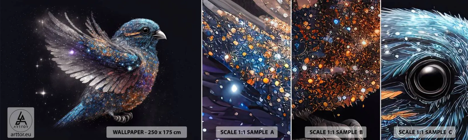 Fotobehang Staaltje Standard Eco - Diamant mus - Vogel, Magie, Kosmos - 100x30 cm