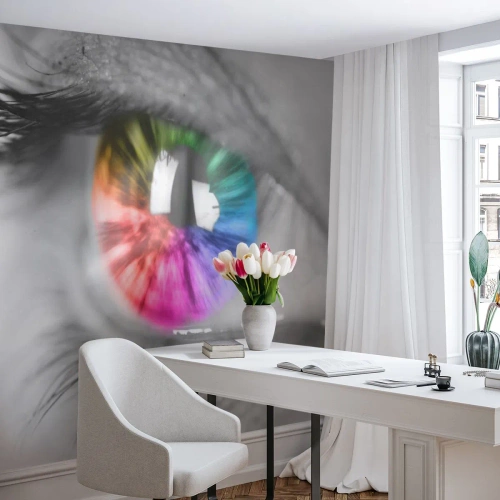 Fotobehang Premium Canvas - Kijk naar de wereld in kleuren - Abstractie, Kleurrijk oog, 3D - 500x350 cm