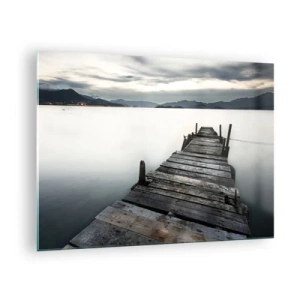 Schilderen op glas - Een houten steiger tegen de achtergrond van een kalm meer in de schemering - 70x50cm - Dompel je onder in vrede - Moderne wanddecoratie voor woonkamer en slaapkamer ARTTOR