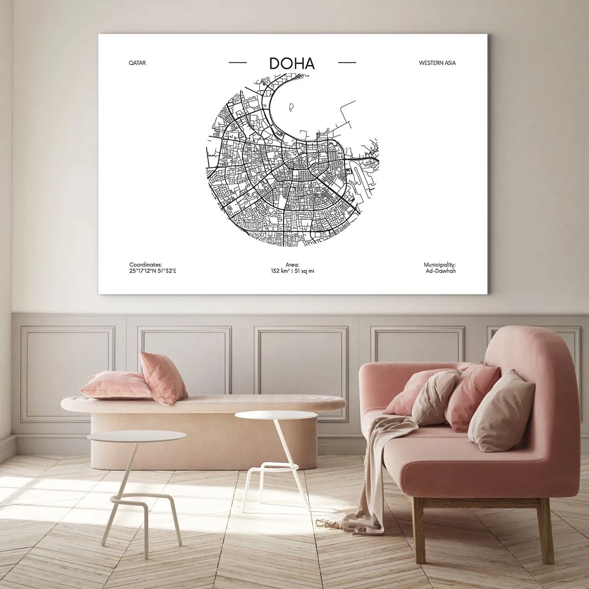 Schilderen op glas - Een grafische kaart van Doha in een minimalistische zwart-witstijl. - 70x50cm - Anatomie van Doha - Moderne wanddecoratie voor woonkamer en slaapkamer ARTTOR