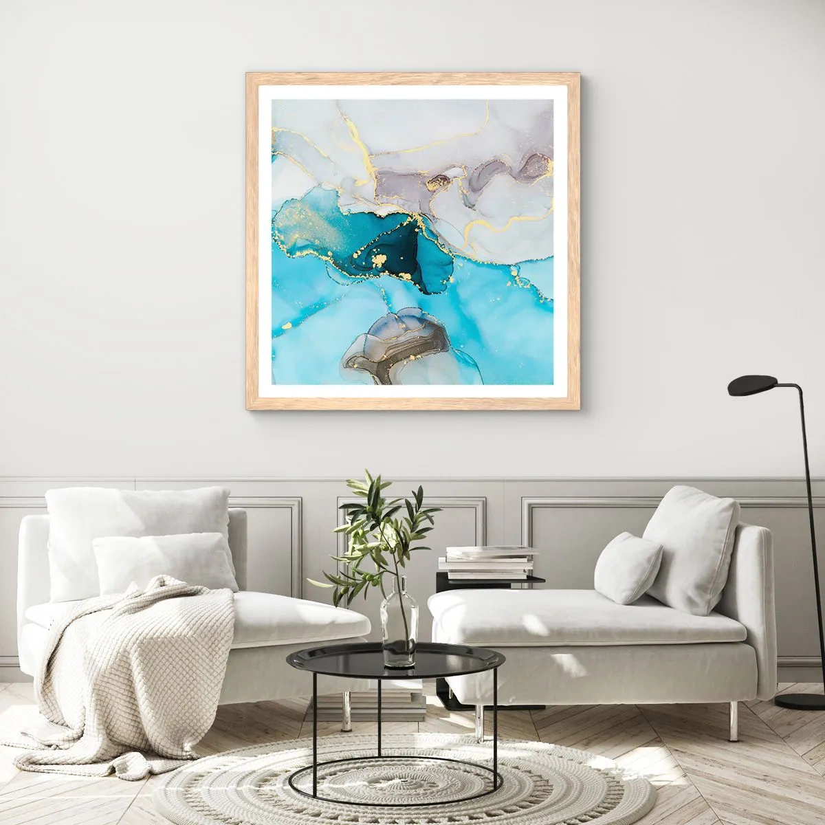 Een poster in een licht eiken lijst - Een studie van de ontmoeting van grijs en turkoois - 40x40 cm